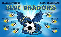 there is a blue dragon with soccer balls in it's mouth and the words here are