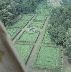 an aerial view of a garden with many hedges