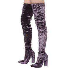 Brand New/Worn Once/ Velvet Purple Crushed Velvet Imported Heel Measures Approximately 4.75 Inches" Pointy Toe Thigh High Side Zipper Heel: 4 3/4" Inches Stretchy Viking Vampire, Velvet Thigh High Boots, Clothes Details, Velvet Purple, Vampire Aesthetic, Fall Semester, Velvet Boots, Zipper Heels, Capes For Women