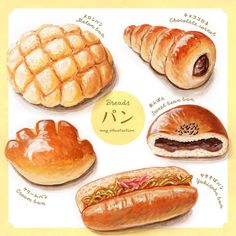 some breads and pastries are shown in this drawing