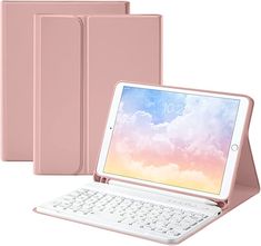 the ipad keyboard case is pink and has a wireless keyboard