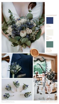 the color scheme is blue and white with greenery, flowers, and other things