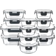 10 piece glass food storage container set with black lid and clear plastic inserts on each side