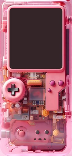 an electronic device in a plastic case with buttons and other things inside it that is pink