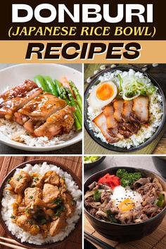 japanese rice bowl with meat and vegetables in it, along with the words donburi japanese rice bowl recipes