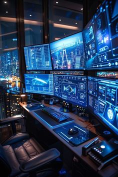 multiple computer monitors and keyboards on a desk in front of a cityscape at night