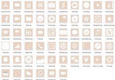 a large set of icons and symbols in beige on a white background, including the words