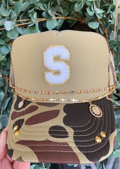 Custom Camo Bling Trucker Hat Initial Hat, Hat Chains, Cross, Initial, Custom, Vacation Beach Summer, Bulk Pack - Etsy Cheap Letter Print Trucker Hat For Fans, Trucker Hat Ideas For Women, Trucker Hat Patch Ideas, Trucker Hat Chains, Trucker Hats With Patches Diy, Trucker Hat Bar, Western Trucker Hats, Trucker Hats With Patches, Trucker Hat Ideas