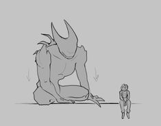 a drawing of a man kneeling down next to a creature with its head on the ground