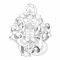 an image of a cartoon character surrounded by other characters and their names in black and white