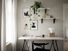 a white desk with some plants and pictures on the wall above it, along with a black chair