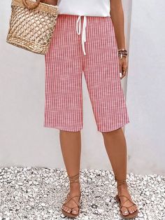 Women's Retro Striped Design Lace-Up Elastic Waist Loose Casual Pants Casual Striped Knee-length Bottoms, Casual Pink Knee-length Bottoms, Casual Red Summer Capris, Casual Knee-length Beach Pants, Knee-length Beach Pants For Spring, Knee-length Pants For Beach In Spring, Knee-length Pants For Beach Spring Season, Stripes Design, Pocket Design