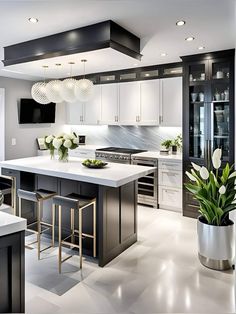 a modern kitchen with white and black accents