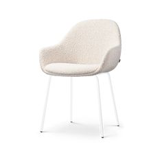 an upholstered chair with white legs and a light colored seat, on a white background