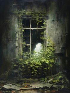 a painting of a ghost in the window of an abandoned building with ivy growing around it