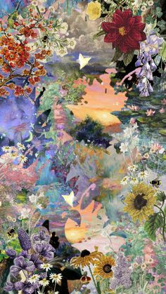 an abstract painting with flowers and butterflies