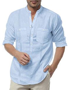 Mens Kurta Designs, Mens Summer Outfits, Linen Men, Henley Shirt Men, Linen Fashion, Linen Shirt Men, Mens Linen, Long Sleeve Tops Casual, Beach T Shirts