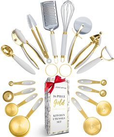 the golden kitchen utensils are arranged in a circle with red ribbon around them