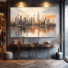 a large painting hangs on the wall above a console table in front of a cityscape