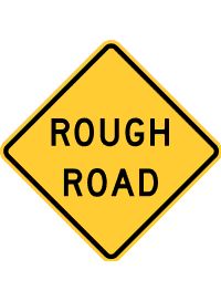 a yellow road sign with the words rough road written in black on it's side