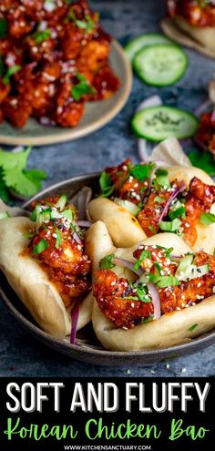 mini korean chicken bao buns in a bowl with cucumbers and cilantro on the side