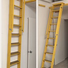 two pictures of a yellow ladder in the middle of a room with white walls and doors