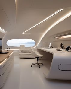 the interior of a futuristic office with white furniture