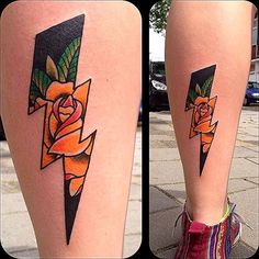 two pictures of tattoos on the legs of people, one with an arrow and rose