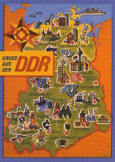 an illustrated map of germany with the names and cities on it, as well as other symbols