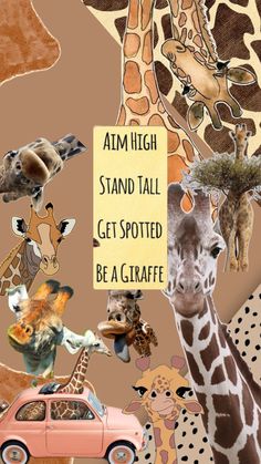 giraffes and other animals with a sign that says atm high stand tall get spotted be a giraffe