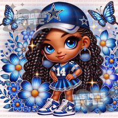 a cartoon girl with blue eyes and braids wearing a baseball cap, standing in front of flowers