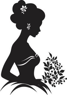 the silhouette of a woman with flowers in her hair, holding a flower bouquet illustration