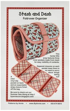 an advertisement for the stash and dash fold over organizer, featuring horses on pink