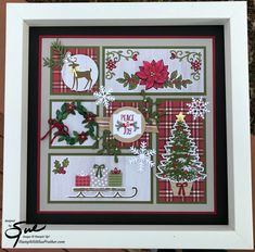 a handmade christmas card with holly and poinsettis on the front, surrounded by holiday decorations