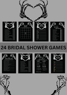 the 24 bridal shower games are displayed in black and white, with skeleton hands holding roses