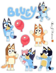 an assortment of stickers with cartoon cats and balloons on them, including the word'bly '