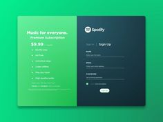 a green and blue flyer with the words music for everyone, $ 9 99 sign up