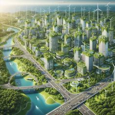 an artist's rendering of a city with wind turbines in the sky and roads running through it