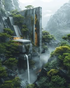 a futuristic building on top of a mountain surrounded by trees