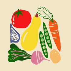 an illustration of vegetables and fruits on a beige background