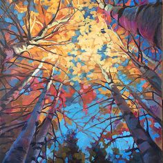 an oil painting of trees in autumn with the sun shining through them and changing colors