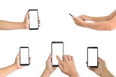 several hands holding and touching cell phones with different angles to the same screen, all on separate screens