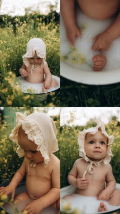 three pictures of babies wearing bonnets and sitting in the grass with their hands on their hips