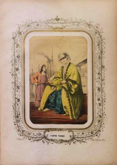 an old book with a drawing of two people in yellow and blue clothing on it