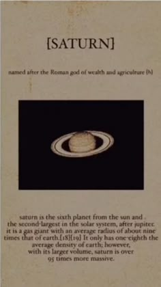 an old book with the title saturn written in black and white, on top of it