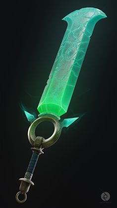 a large green object is hanging from a hook on a black background with an arrow in the middle