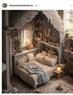 a doll house bedroom with a bed and furniture