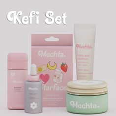 an assortment of skin care products with the words keffi set on it and below