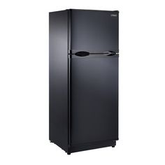 a black refrigerator freezer sitting on top of a white wall