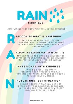 RAIN Mindfulness Technique - Etsy Wellness Activities For College Students, Mindset Goals, Healing Vibes, Wellness Activities, Mental Health Therapy, Mindfulness Techniques, Child Therapy